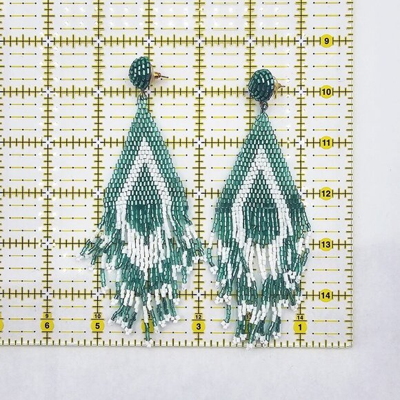Natasha Long White and Teal Statement Beaded Earrings - Picture 3 of 3